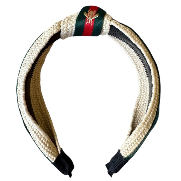 Fashion Raffia Green & Red Stripe Bee Knot Headband - Picture 3 of 4
